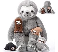 Kasyat 5 Pcs Sloth Plush Toy Set 13 Inch Mommy Sloth Stuffed Animal with 4 Cute Baby Plushies in Zippered Belly for Kids Birthday Gifts Home Decors Baby Shower Party Favors(Gray)
