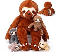 Kasyat 5 Pcs Sloth Plush Toy Set 13 Inch Mommy Sloth Stuffed Animal with 4 Cute Baby Plushies in Zippered Belly for Kids Birthday Gifts Home Decors Baby Shower Party Favors(Brown)