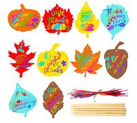 Kasyat 60 Pieces Thanksgiving Scratch Paper Art Set, Fall Scratch Craft Art Colorful Fall Leaves with 60 Pcs Colored Ribbons 10 Pcs Sticks for Autumn DIY Supplies