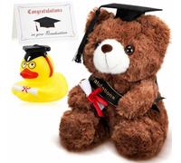 Kasyat Graduation Gift Set Including Graduation Plush Bear with Black Hat Congrats Grad Graduation Rubber Duck Graduation Card for 2025 Grad Party Favor Present(Dark Brown)