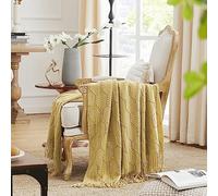 KASYLAN Diamond Knitted Throw Blanket Textured Solid Soft Sofa Throw Couch Knitted Decorative Blanket, 127x152cm Mustard