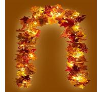 KASZOO Autumn Garland with LED Lights - 2 Pack 5.8FT Fall Maple Leaf Decor for Thanksgiving Halloween Garland Autumn Decor for Fireplace Door Table Indoor Outdoor