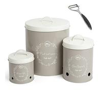 Katai - Vegetable Storage Tin Set for Potatoes, Onions & Garlic - Grey Aluminium Containers with Lids - Includes Stainless Steel Peeler - 3 Sizes