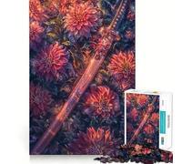 Katana in Dahlias Jigsaw Puzzles 1000 Pieces Recall Boost Clean Connection Real Challenge Xmas Gift (38x52cm)