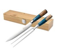 Katana Saya Elements 2 Piece Carving Set, Ocean Blue, Carving Knife and Carving Fork, Japanese VG-10 Damascus Stainless Steel, Olivewood and Resin Handle