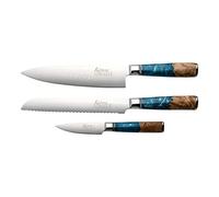 Katana Saya Elements 3 Piece Kitchen Knife Set, Ocean Blue, 20cm Chef's, 20cm Bread and 9cm Paring Knives Japanese VG-10 Damascus Stainless Steel, Natural Olivewood and Resin Handle, Kitchen Knife
