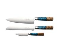 Katana Saya Elements 3 Piece Kitchen Knife Set, Ocean Blue, 20cm Chef's, Kitchen Knife, 20cm Bread and 9cm Paring Knives, Japanese VG-10 Damascus Stainless Steel, Natural Olivewood and Resin Handle