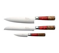 Katana Saya Elements 3 Piece Kitchen Knife Set, Volcanic Red, 20cm Chef's, 20cm Bread and 9cm Paring Knives Japanese VG-10 Damascus Stainless Steel, Natural Olivewood and Resin Handle, Kitchen Knife