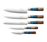 Katana Saya Elements, 6 Piece Knife Block Set, Ocean Blue, Chef's, Carving, Bread, Utility and Paring Knife, Wood Block, Japanese VG-10 Damascus Stainless Steel, Olive Wood with Resin Handle