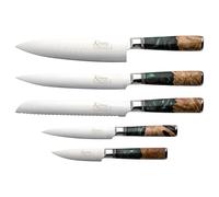 Katana Saya Elements, Rainforest Green, 6 Piece Knife Block Set, Chef's, Carving, Bread, Utility and Paring Knives, Hardwood Block, Japanese Damascus Stainless Steel, Olive Wood with Resin Handle