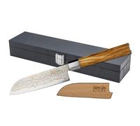Katana Saya Flame 12cm Santoku Knife, Olive Wood Handle, Kitchen Knife, Rainbow VG-10 Damascus Stainless Steel, Japanese Style