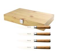 Katana Saya Olive Wood 4 Piece Steak Knife Set, 4X 9cm Serrated Steak Knives, Kitchen Knife Set, Japanese VG-10 Damascus Stainless Steel, Natural Olive Wood Handle