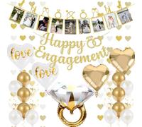 KATBUU Engagement Party Decorations - Gold Engagement Congratulations Decor, HAPPY ENGAGEMENT Banner, Thickened ECO Ring Balloon Kit with Photo Timeline Banner, Heart Streamers Garlands