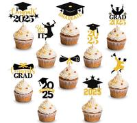 KatchOn, Black and Gold Graduation Cake Topper 2025 - Pack of 36, | Dessert Toppers for Class of 2025 Cake Topper | Cupcake Toppers, Graduations Cake Decorations for Graduation Decorations 2025