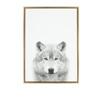 Kate and Laurel - Sylvie Wolf Animal Print Black and White Portrait Framed Canvas Wall Art by Simon Te Tai, Gold 23x33
