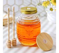 Kate Aspen 24oz. Bee Hive Shaped Honey Glass Mason Jar with Two Wooden Honey Dippers, Bamboo & Metal Lid, Kitchen Decor, Bumblebee Baby Shower Prize, Take Home Gift, Bee Decorations