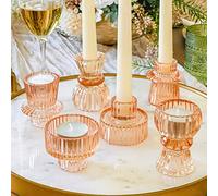 Kate Aspen Doube Sided Vintage Ribbed Rose Gold Pink Glass Candlestick Holders, Pillar Candle, Tealight & Votive Candle Holders (Set of 6, 3 Sizes), Dining Table Decor, Shelf Decor, Centerpiece
