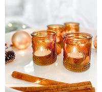 Kate Aspen Vintage Amber Glass Tea Light Candle Holders Set of 4 - Votive Holders for Home Decor, Fall Table Decorations, Bathroom Candles, Kitchen Shelf Decor, and Wedding Centerpieces