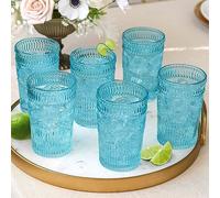 Kate Aspen Vintage Textured Aqua Blue Striped Drinking Glasses Set of 6-13 oz Ribbed Glassware with Flower Design | Cocktail Set, Juice Glass, Water Tumbler