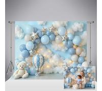 Kate Birthday Backdrop 7x5ft/2.2x1.5m Blue Balloon Cute bear Baby Shower Photo Backdrops Flash Hot Air Balloon Silver Stars Girls Boys 1st Party Decorations Cake Smash Background Photo Studio