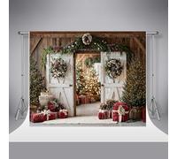Kate Christmas Barn Door Photography Backdrops 7x5ft/2.2x1.5m Christmas Trees Nut Wreath Brown Wooden Wall Xmas Backdrop Kids Birthday Family Portrait Photo Background