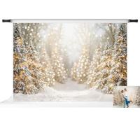 Kate Christmas Photo Backdrop,Snowy Forest,Warm Lights,7x5ft | Christmas photography backdrop,snowy woodland path,warm fairy lights,frosted evergreen trees,winter portrait decor