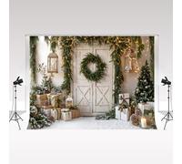 Kate Christmas Photography Background 2.2x1.5m/7x5ft Rustic Barn Door Wreath Green Plants Gifts Snow Decoration Backdrop Kids Birthday Family Portrait Photo Background