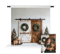 Kate Christmas White Brown Wood Door Backdrop Christmas Trees Brick Wall Decoration Background Photo Props 10x10ft