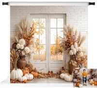 Kate Fall Cozy Maple Floral Pumpkin Window White Wall Photo Backdrop, 8x8ft