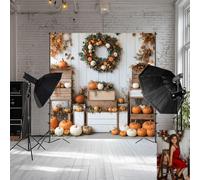 Kate Fall Pumpkins Wreath White Wood Box Backdrop Photo Background Studio Props,10x10ft