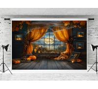 Kate Halloween Backdrop for Photography 3x2m/10x6.5ft Horror Night Background Orange Curtains Weird Pumpkin Wooden Window Creepy Backdrop Moon Bat Spider Web Ghost Photo Studio Props