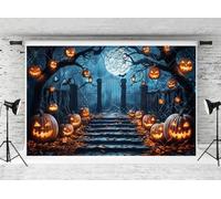 Kate Halloween Photography Backdrop 3x2m/10x6.5ft Weird Cemetery Dark Night Iron Fence Pumpkin Full Moon Bat Spider Web Horror Party Decoration Background Photocall Props