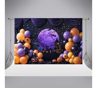 Kate Halloween Photography Backdrops 6.5x6.5ft/2x2m Weird Pumpkin Dark Black Black Horror Haunted House Photo Backdrop Strange Bat Purple Moon Balloon Spider Props Background Studio