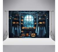 Kate Halloween Photography Backdrops 7x5ft/2.2x1.5m Weird Pumpkin Spider Web Photo Backdrop Dark Wardrobe Strange Wooden Windows Family Portrait Child Party Background Studio Props