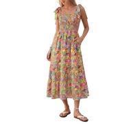 Kate Kasin Ladies Summer Dresses Boho Floral Smocked Maxi A-Line Dress Women's Casual Dresses for Beach Party Wedding Holiday Pink Floral L