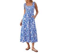 Kate Kasin Ladies Summer Dresses Boho Floral Smocked Maxi A-Line Dress Women's Casual Dresses for Beach Party Wedding Holiday Blue Floral L