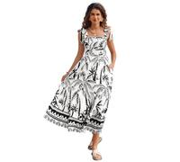 Kate Kasin Ladies Summer Dresses Boho Floral Smocked Maxi A-Line Dress Women's Casual Dresses for Beach Party Wedding Holiday Black M