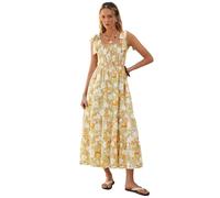 Kate Kasin Ladies Summer Dresses Boho Floral Smocked Maxi A-Line Dress Women's Casual Dresses for Beach Party Wedding Holiday Apricot M