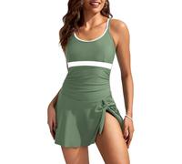 Kate Kasin Ladies Swim Dress Contrast Color U-Neck Cross Back Ruched Front Skirted Swimsuit High Elastic Bathing Suit with Briefs Army Green S