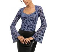 Kate Kasin Women Bell Sleeve Lace Mesh Tops Crew Neck Floral Blouses Sexy See Through Party Going Out Y2K Shirts Gray Blue L
