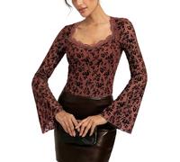 Kate Kasin Women Bell Sleeve Lace Mesh Tops Crew Neck Floral Blouses Sexy See Through Party Going Out Y2K Shirts