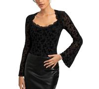 Kate Kasin Women Bell Sleeve Lace Mesh Tops Crew Neck Floral Blouses Sexy See Through Party Going Out Y2K Shirts