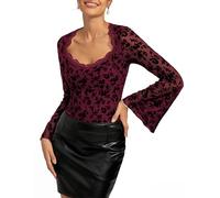 Kate Kasin Women Bell Sleeve Lace Mesh Tops Crew Neck Floral Blouses Sexy See Through Party Going Out Y2K Shirts