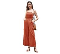 Kate Kasin Women Strapless Cotton Jumpsuit Defined Waist Smocked Back Straight Jumpsuit Maroon Red S