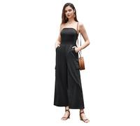 Kate Kasin Women Strapless Defined Waist Smocked Back Straight Jumpsuit Cotton Jumpsuit Black M