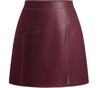 Kate Kasin Women's A-Line Mini Skirt PU Leather Side Zipper Front Split Design Club Party Wear Wine S