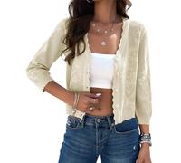 Kate Kasin Women's Airy Textured Cardigan V-Neck Button-Front Sweater 3/4 Sleeves Bolero Beige Almond XXL