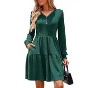 Kate Kasin Women's Button Front Dress Long Sleeve V-Neck Textured Knit Dress Casual A-Line Mini Dresses with Pockets Dark Green XXL