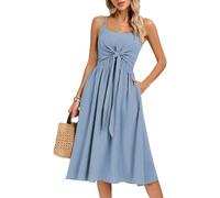 Kate Kasin Women's Casual Boho Midi Dress Sleeveless Dual Strap Square Neck Self-Tie Overlay Smocked Back A-Line Sundress with Pockets Blue XXL