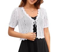 Kate Kasin Women's Casual Short Sleeve Hollow Textured Cardigan V-Neck Knitwear Bright White M